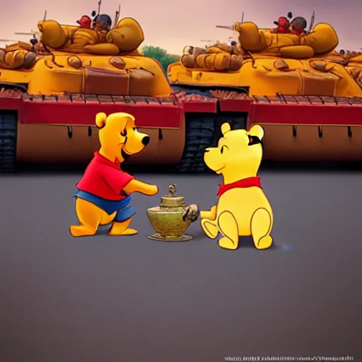 Image similar to winnie the pooh at tiananmen square sitting down on road in front of line of chinese tanks, award winning photography, extremely detailed, artstation, 8 k, sensual lighting, incredible art, wlop, artgerm