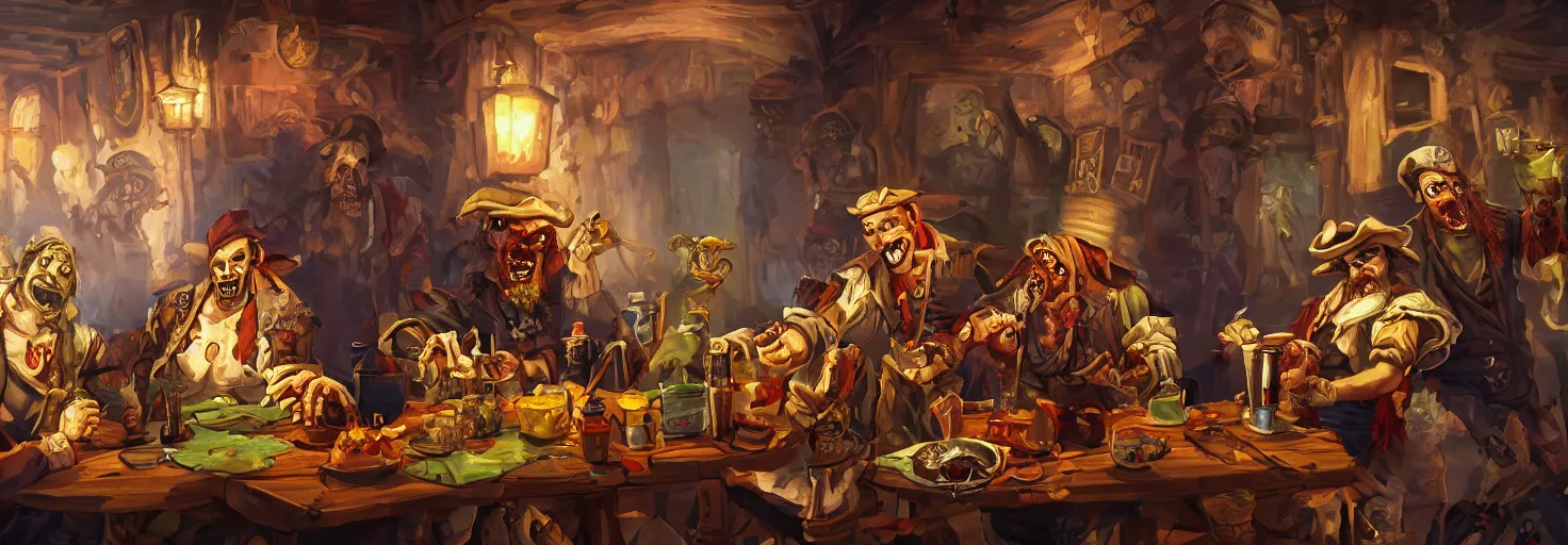 Prompt: Painting of zombie pirate LeChuck sitting in a tavern with his rival Guybrush Threepwood and grimly drinking grog, concept art