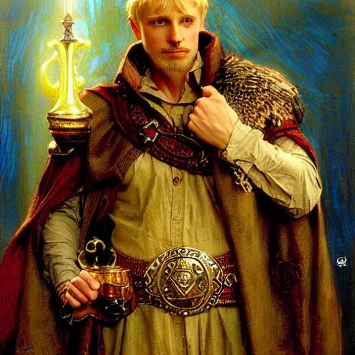 Prompt: handsome arthur pendragon in love with handsome merlin the mage. highly detailed painting by gaston bussiere, craig mullins, j. c. leyendecker