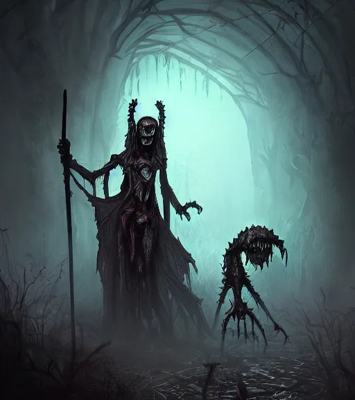 Image similar to gothic necrolord female with zombie servents, digital painting, liminal eerie midnight backlit, a picture taken by Michael Komarck and Daniel Ljunggren