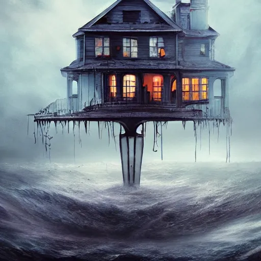 Prompt: haunted house floating in water, storm approaching, stylized, artgerm, artstation, hd, cgsociety, cgi, realistic, dramatic, cinematic, artistic, trending, detailed