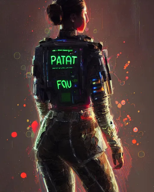 Image similar to detailed portrait Neon guard woman with very short brown hair seen from the back, cyberpunk futuristic, reflective puffer jacket, black leggings, decorated with traditional ornaments by Ismail inceoglu dragan bibin hans thoma, Perfect face, fine details, realistic shaded, fine-face, pretty face