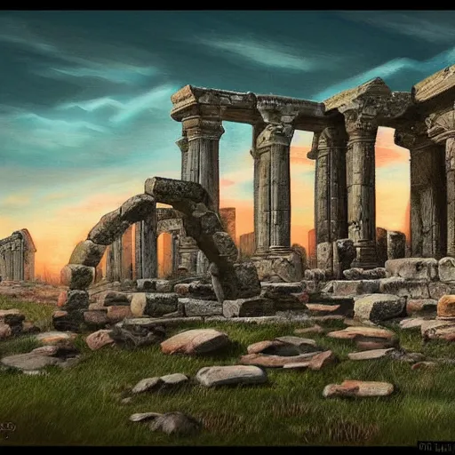 Prompt: ancient ruins in the tundra, retrowave epic art, trending on art station