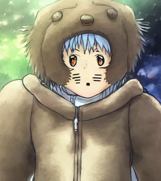 Image similar to attractive little boy wearing an cyborg bear suit, artwork in kentaro miura and made in abyss and inazuma eleven, smooth, beautiful lightness, anatomically correct, trending on pixiv, attractive composition
