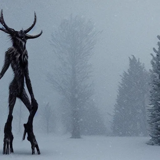 Image similar to hungry wendigo leering through a snowstorm, trending on artstation