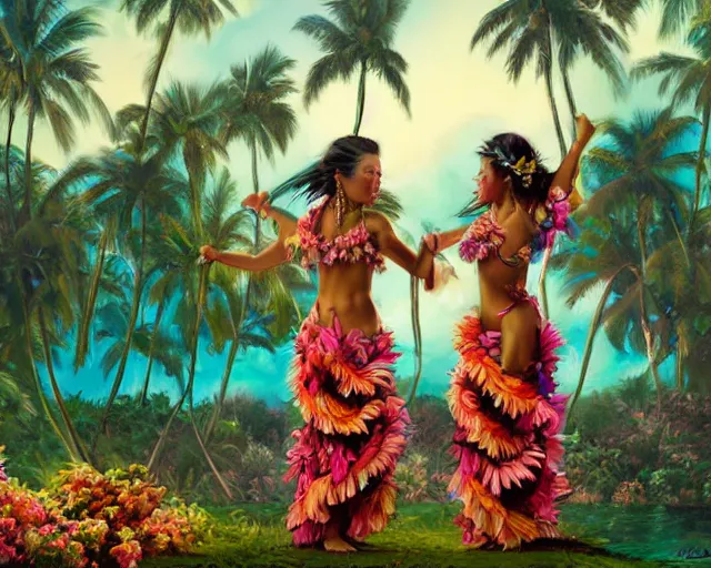 Image similar to highly detailed matte painting of beautiful dancing hawaiian girls wearing traditional island dresses with flowers, palm trees by android jones