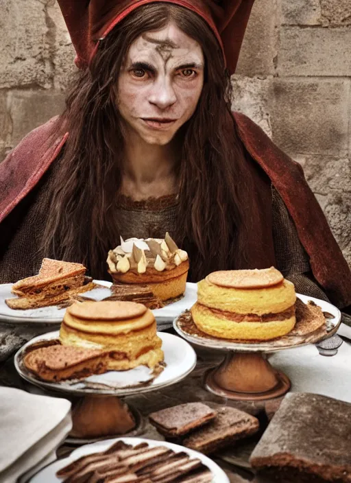 Image similar to closeup portrait of a medieval goblin eating cakes in the cloisters, depth of field, zeiss lens, detailed, symmetrical, centered, fashion photoshoot, by Annie Leibovitz and Steve McCurry, David Lazar, Jimmy Nelsson, Breathtaking, 8k resolution, extremely detailed, beautiful, establishing shot, artistic, hyperrealistic, beautiful face, octane render