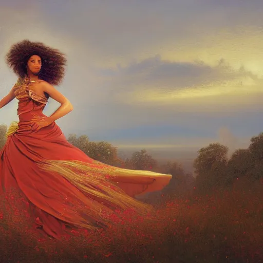 Prompt: a brown skinned queen with long dark curly hair and a red dress, windy, golden ribbons, stars, stoic, modern, shes alone, maximalist fashion dress, hyperdetailed, dramatic, epic painting, painted by jean honore fragonard and greg rutkowski, sunset skies, full body, octane render, sharpness, 8 k, golden ratio