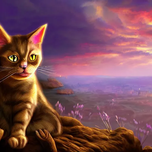 Image similar to fantasy cat looking at sunset, high detail, fantasy art, concept art, 4 k, ultra detail, computer art