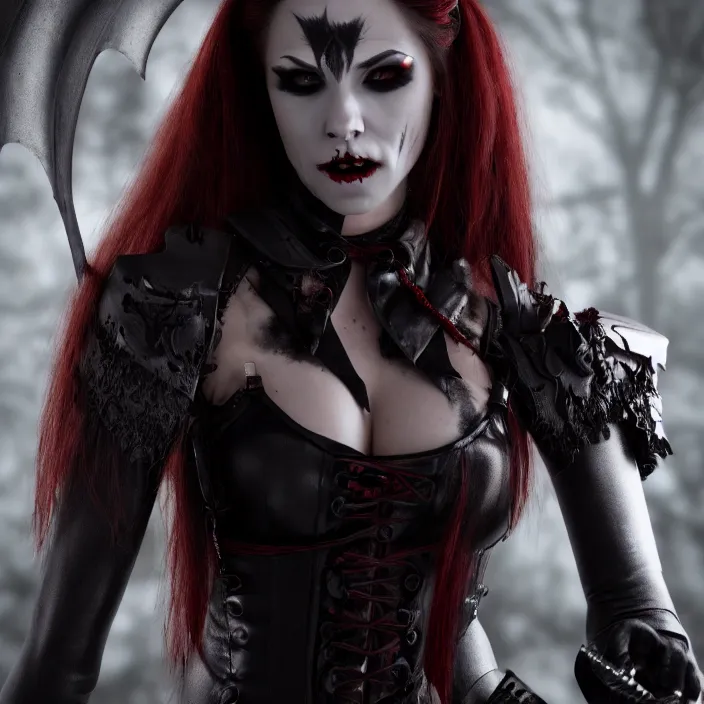 Prompt: photograph of a real-life beautiful! female vampire warrior. Extremely detailed. 8k