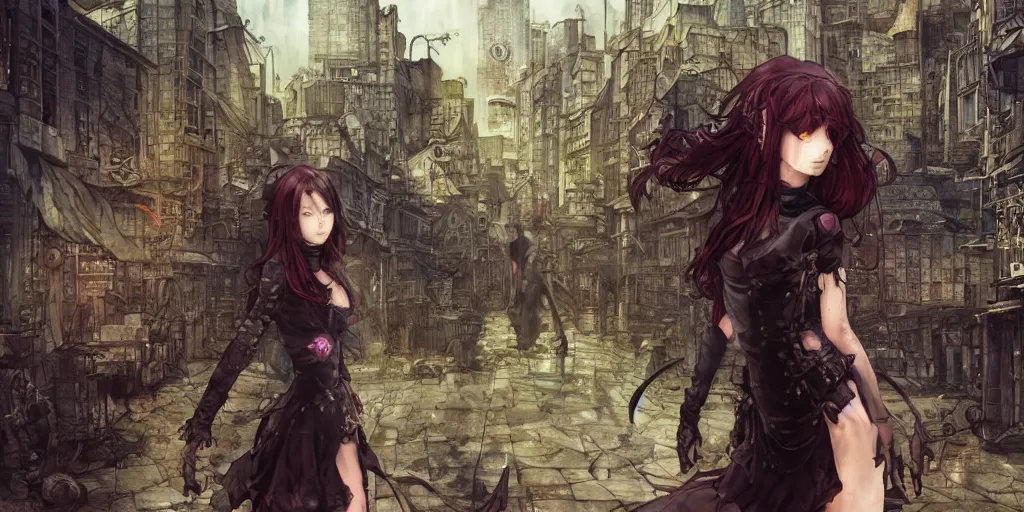 Image similar to goth woman in front of city, color page, tankoban, 4 k, tone mapping, akihiko yoshida, james jean andrei riabovitchev marc simonetti, yoshitaka amano, long hair, curly, h. hydrochaeri