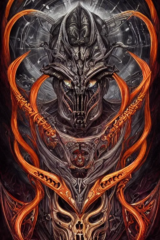 Prompt: Elden Ring and Doom themed painting of majestic chromatic biomechanical anatomical hybrid crimson baphomet goat symmetrical neutral mask closeup face tattoo pattern golden ratio concept, Neo-Gothic concept, infinity glyph waves, intricate artwork masterpiece, very coherent artwork, cinematic, full frontal facial features by Artgerm, art by H.R. Giger, Joseph Michael Linsner, Zdizslaw Beksinski, Johnatan Wayshak, Moebius, Ayami Kojima, very anatomically coherent artwork, trending on cgsociety, ultra high quality model, production quality cinema model, high detail chromatic ink outline, octane render, unreal engine 8k, hyper realism, high detail, octane render, unreal engine, 8k, High contrast