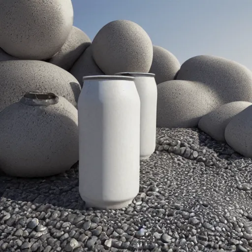 Image similar to sculpture made of piled stones, soda cans, minimal white room gallery, sunlit, photorealistic, 3 d rendering, higly detailed, minimalist, made with unreal engine, cgsociety