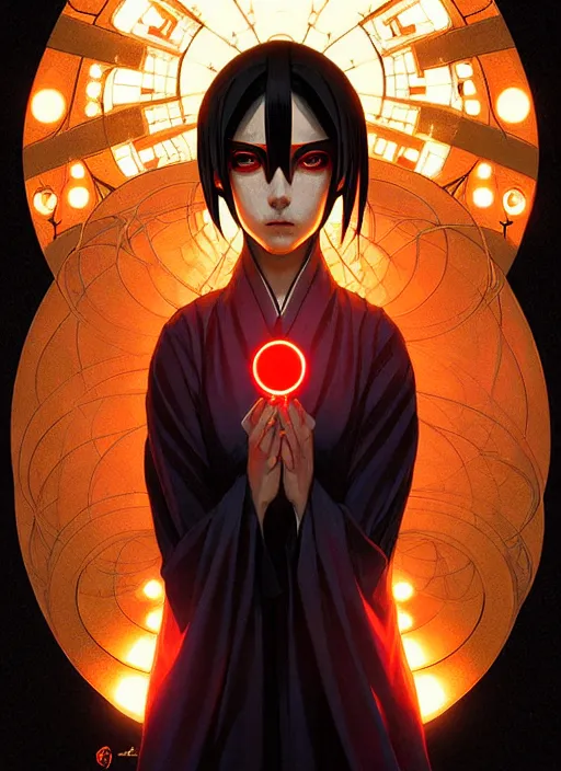 Image similar to symmetry!! itachi, glowing lights!! intricate, elegant, highly detailed, digital painting, artstation, concept art, smooth, sharp focus, illustration, art by artgerm and greg rutkowski and alphonse mucha