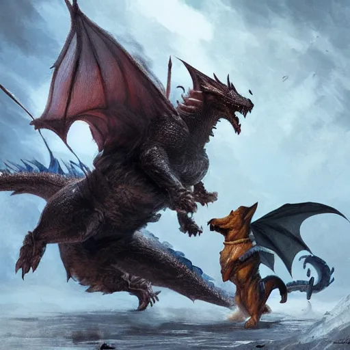 Image similar to corgi fighting a dragon, epic fantasy style, in the style of Greg Rutkowski, mythology artwork