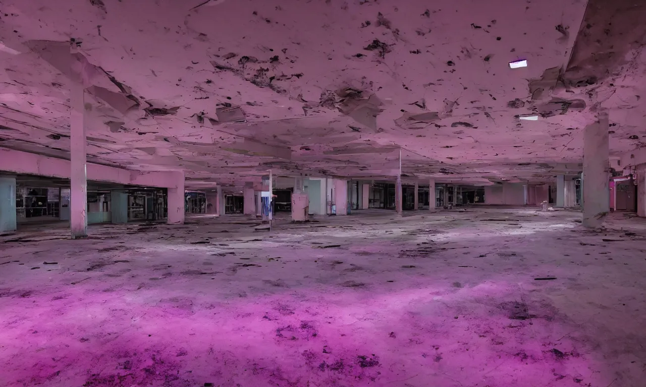 Image similar to backrooms abandoned mall, ominous neon pink and purple vaporwave lighting, moldy walls and shallow water, shadowy tall figures in the distance