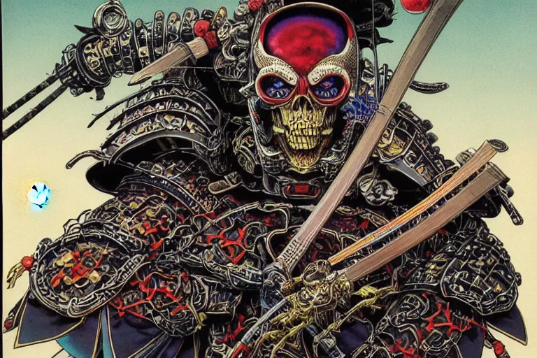 Image similar to portrait of a crazy skeletor samurai with japanese armor and helmet, by yoichi hatakenaka, masamune shirow, josan gonzales and dan mumford, ayami kojima, takato yamamoto, barclay shaw, karol bak, yukito kishiro