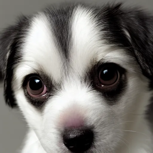 Image similar to a very cute puppy smiling. close-up. white ground. dark background. blach and white. single light source. 14mm lens. iso 100. diaphragm 1.4. shutter speed 1/350. oil on canvas. W-1024