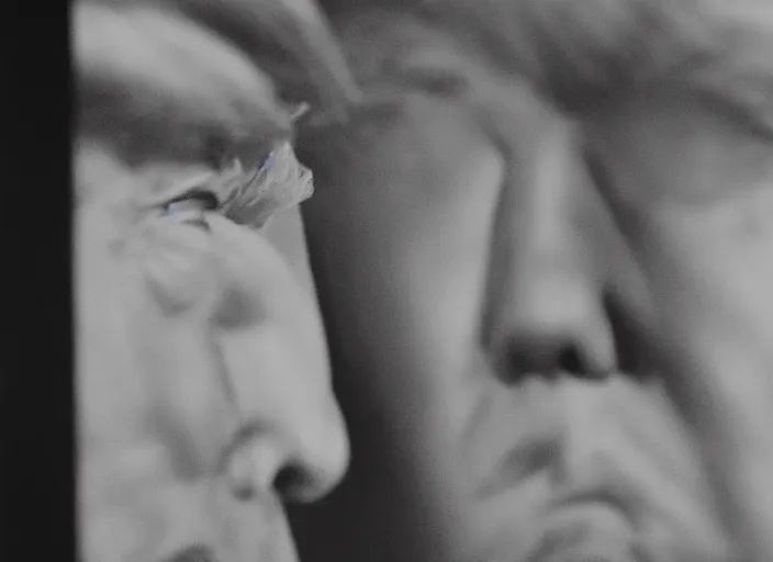 Image similar to screenshot from moody scene of Donald Trump looking out window, in High and Low, 1963 film directed by Akira Kurosawa, kodak film stock, black and white, anamorphic lens, 4K, detailed, stunning cinematography and composition shot by Takao Saito, 70mm