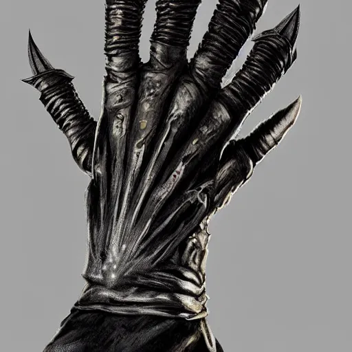 Image similar to metal claws on gloves, old leather gloves with attached talons, pointy fingertips, dark background, highly detailed, 8 k, trending on artstation, mystic, rpg artwork, by peter jackson, by sauron