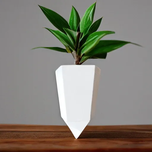 Image similar to pot plant spatifillum levitating over wooden plank white geometric angular pot beautiful fororealistic art featured on artstation