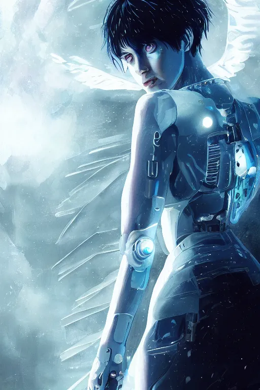 Image similar to white arc-angel with mystic robotic wings, blade runner, akira, ghost in the shell, 2077, ultra detailed, digital art, 8k ,character ,realistic, portrait, hyperrealistic