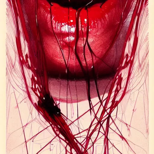 Image similar to lips sewn shut surrounded by red curtains by Conrad Roset and Nicola Samuri, close-up shot, rule of thirds, seductive look, beautiful, intricate, dystopian, sci-fi, extremely detailed, digital painting, artstation, concept art, smooth, sharp focus, illustration, intimidating lighting, incredible art, details visible, very dark ambiance