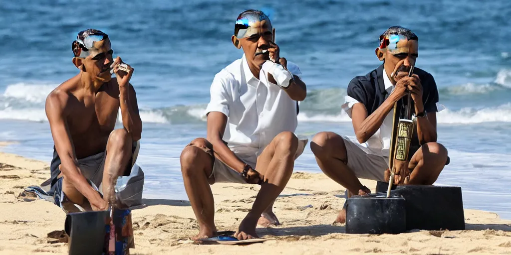 Prompt: barack obama smoking a bong on a beach in hawaii