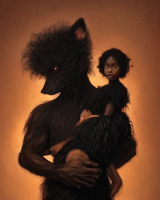 Image similar to a portrait of black furry shadow monster who is carrying a beautiful girl in his arms, background of deep shadows, illustration, dramatic lighting, soft details, painting oil on canvas, art nouveau, octane render, HDR, 4k, 8k, HD, by Edmund Blair Leighton, Brom, Charlie Bowater, trending on artstation, Tom Bagshaw, faces by otto Schmidt