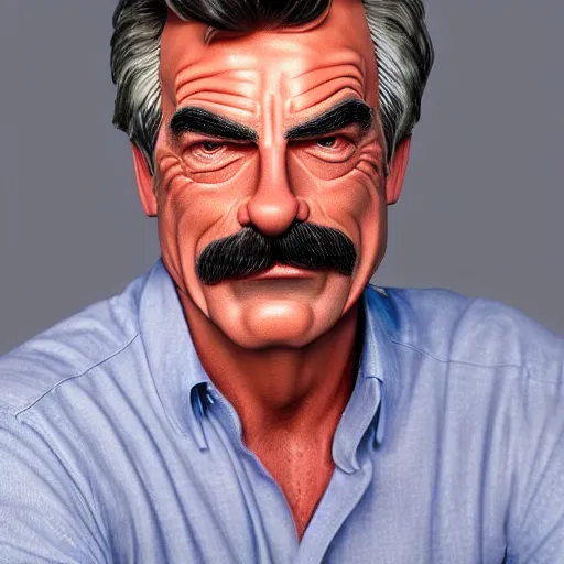 Image similar to The Lovechild of Tom Selleck and Sam Elliott, real life, hyperrealistic, ultra realistic, realistic, highly detailed, epic, HD quality, 8k resolution, body and headshot, front facing, front view, headshot and bodyshot, detailed face, very detailed face