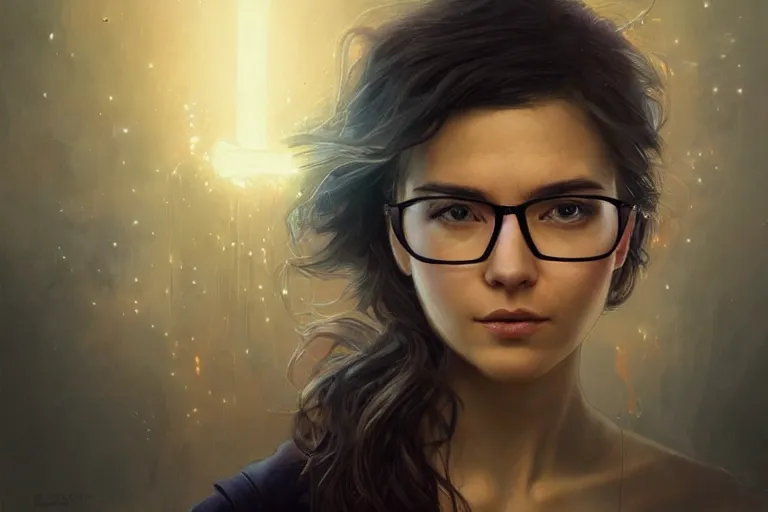 Image similar to Beautiful portrait of a glowing police officer wearing specs. wide angle, magic, fire, face painting, darkness, dramatic lighting, intricate, wild, highly detailed, digital painting, artstation, concept art, smooth, sharp focus, illustration, art by artgerm and greg rutkowski and alphonse mucha, footage from space camera