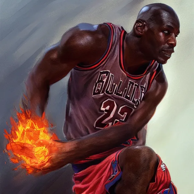 Image similar to michael jordan as a firebender, portrait, elegant, intricate, digital painting, artstation, concept art, smooth, sharp focus, illustration, art by konstantin korovin and daniel f. gerhartz and john howe