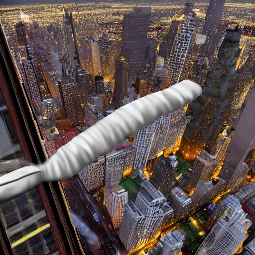 Prompt: A giant kebab falling from the sky over new york city, ultrawide lens, aerial view, 10 mm, by Terry Richardson, behance, unreal engine 5