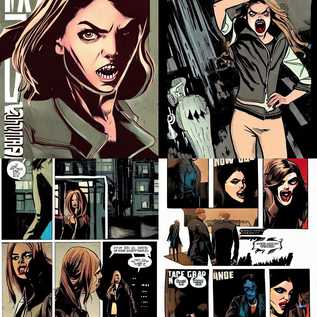 Image similar to in the style of Rafael Albuquerque comic art, Samara Weaving vampire, sharp teeth grin, sarcastic, brown leather jacket