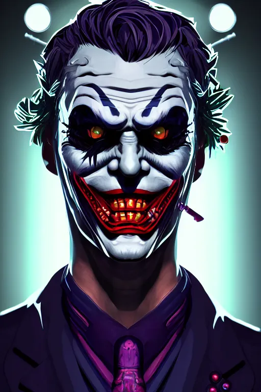 Prompt: a portrait of cyberpunk joker, grim - lighting, high - contrast, intricate, elegant, highly detailed, digital painting, artstation, concept art, smooth, sharp focus, illustration