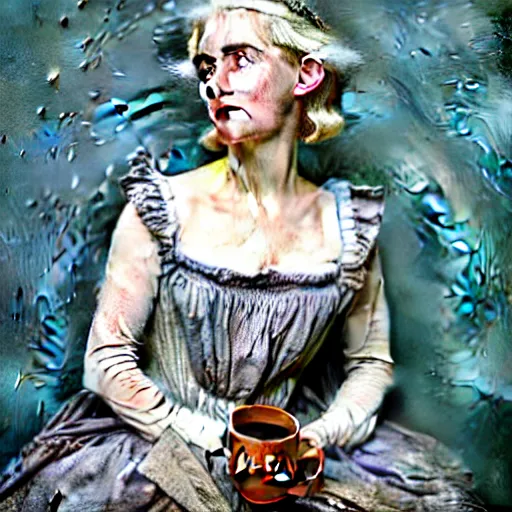 Prompt: A 18th century, messy, silver haired, (((mad))) elf princess (look like ((young Kate Winslet))), dressed in a ((ragged)), queen's wedding dress, is ((drinking a cup of tea)). Everything is underwater! and floating. Greenish blue tones, theatrical, (((underwater lights))), high contrasts, fantasy water color, inspired by John Everett Millais's Ophelia