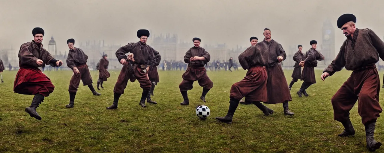 Image similar to ukrainian cossacks play football in london, early 2 0 th century, rain, realistic, hyper detail, dynamic, in john baeder style, many details, super realistic, high quality, 8 k