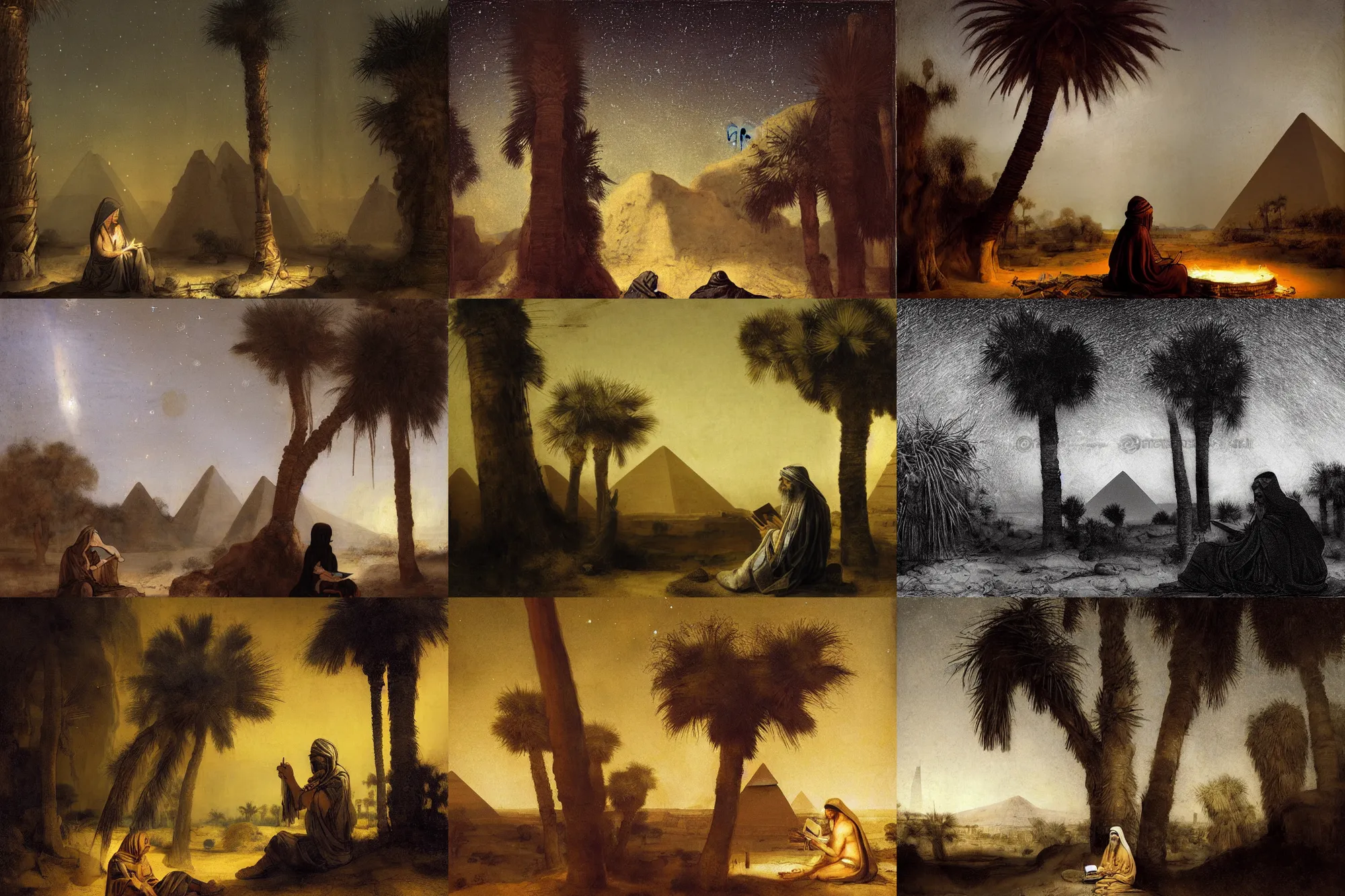 Prompt: a hooded Druid sitting under a tall palm tree in the Egyptian desert reading ancient scrolls by a smal fire, sitting on the ground, darkness, dim light from fire, pil on canvas by Rembrandt, desert, starry sky, an ancient city far in the distance, strong dramatic cinematic lighting, lost civilizations, smooth, sharp focus, extremely detailed