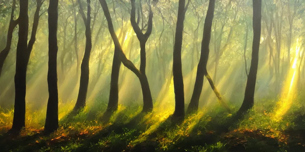 Image similar to An oil painting of an intensely beautiful forest in the morning; rays of light coming through the canopy