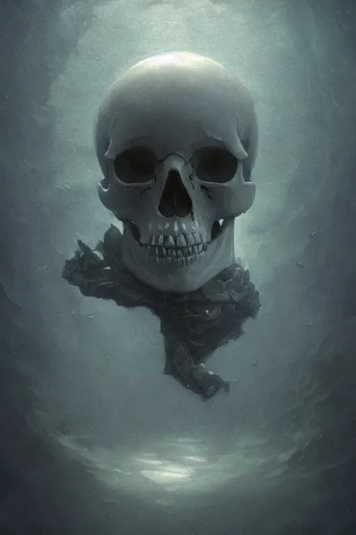 Image similar to a human skull floating in deep dark murky water!!!, underwater atmospheric moody, dark surreal mood! cinematic volumetric lights, bust portrait, dnd, fantasy, intricate, elegant, highly detailed, digital painting, artstation, concept art, smooth, sharp focus, illustration, art by artgerm and tom bagshaw and greg rutkowski and alphonse mucha
