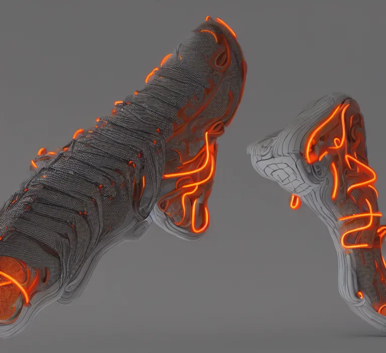 Prompt: realistic 8 k sculpture of one futuristic sneaker with neon illuminated rubber soles and soft orange laces on a grey surface, clean 3 d render, beautiful studio lighting, soft, sharp focus, cyberpunk, intricate detail, gold and red filigree, soft rubber, octane render, trending on artstation, deviantart, art by wright and syd mead and mullins