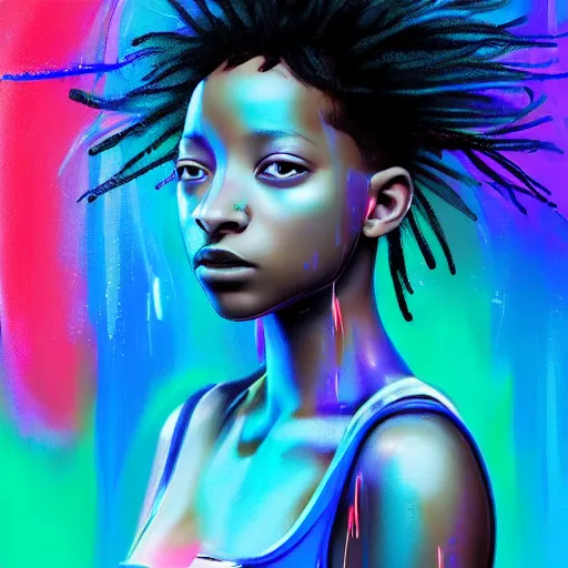 Prompt: a digital painting of willow smith in the rain with blue hair, cute - fine - face, pretty face, cyberpunk art by sim sa - jeong, cgsociety, synchromism, detailed painting, glowing neon, digital illustration, perfect face, extremely fine details, realistic shaded lighting, dynamic colorful background