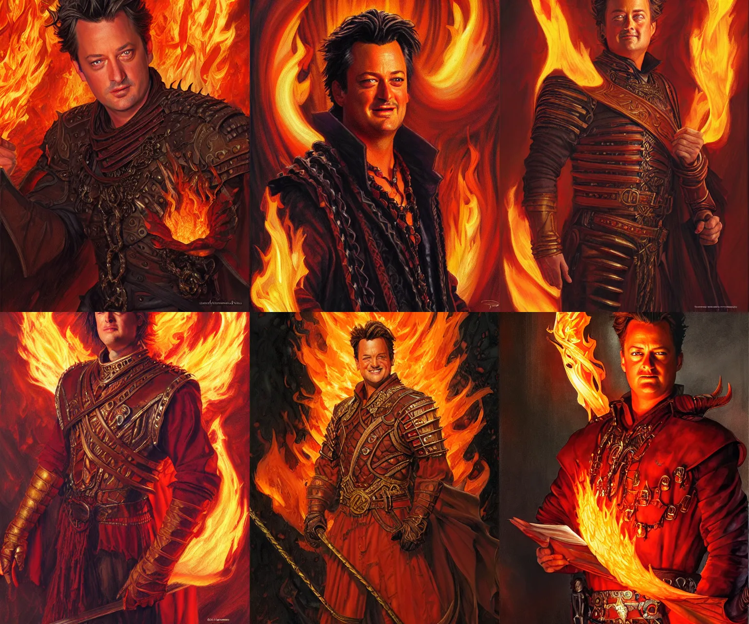 Prompt: The Fire King, beautiful young Matthew Perry, fire, flames, dramatic, hyperdetailed | donato giancola, ralph horsley, Artem Demura | waist-up portrait | dungeons and dragons