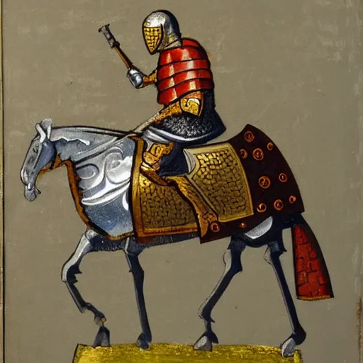 Image similar to medieval armored knight with only one arm and with a bucket on his head, painting