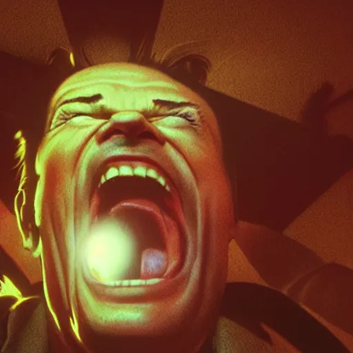 Prompt: Jack Nicholson Screaming as he is breaking out of the TV, highly detailed, excellent composition, cinematic concept art, dramatic lighting, trending on ArtStation