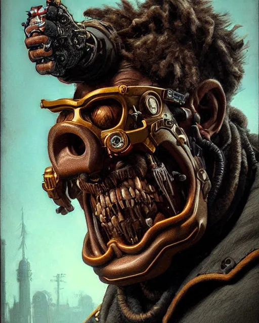 Prompt: winston from overwatch, character portrait, portrait, close up, concept art, intricate details, highly detailed, horror poster, horror, vintage horror art, gritty, realistic, terrifying, in the style of michael whelan, and gustave dore