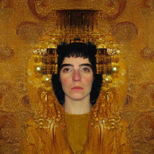 Image similar to a dramatic cinematic portrait photograph of athena influenced by gustav klimt.