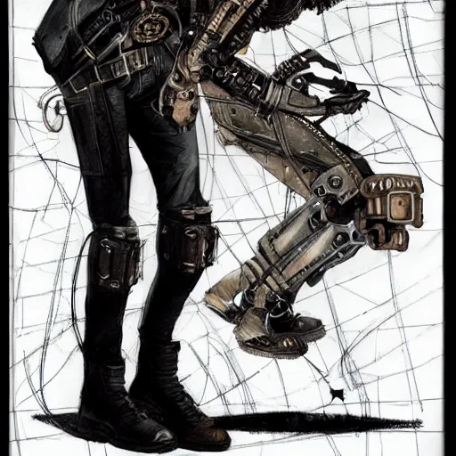 Image similar to cyborg male, slim, short hair, small scar on the chin, leather jacket with steampunk elements, one robotic arm and big shoes, book cover, deep shadows, by Dave McKean sketch lineart for character design