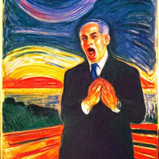 Prompt: portrait of benjamin netanyahu screaming on a bridge, hands on face, sunset, by edvard munch