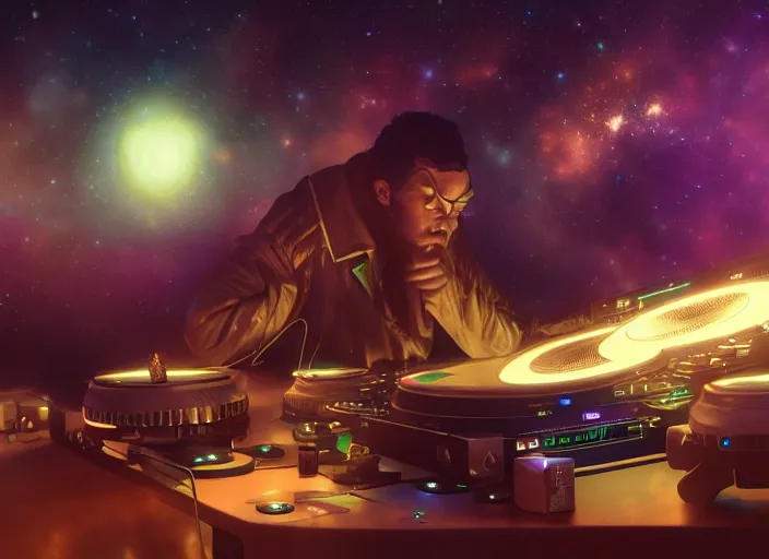 Prompt: Wide shot of a man djing under the galaxy, digital art, artstation, hyperrealistic, 4k, unreal engine, octane render, trending on artstation, art by Artgerm and Greg Rutkowski and Alphonse Mucha